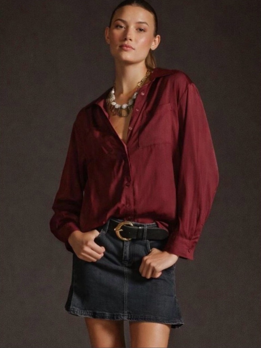 Anthropologie Women’s Berry Satin Button Down Blouse Size S Long Sleeve